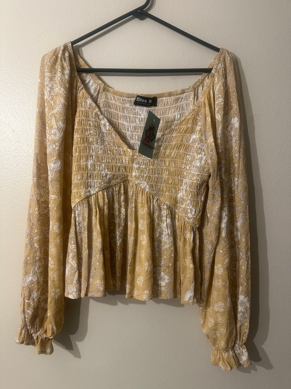 BLUE B COLLECTION Women's Mustard Floral Smocked Peasant Blouse Sz L